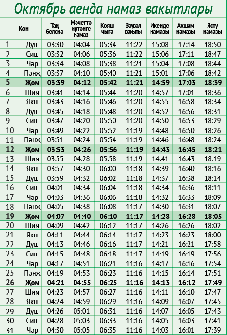 Октябрь аенда намаз вакытлары