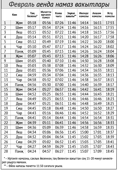 Февраль аенда намаз вакытлары
